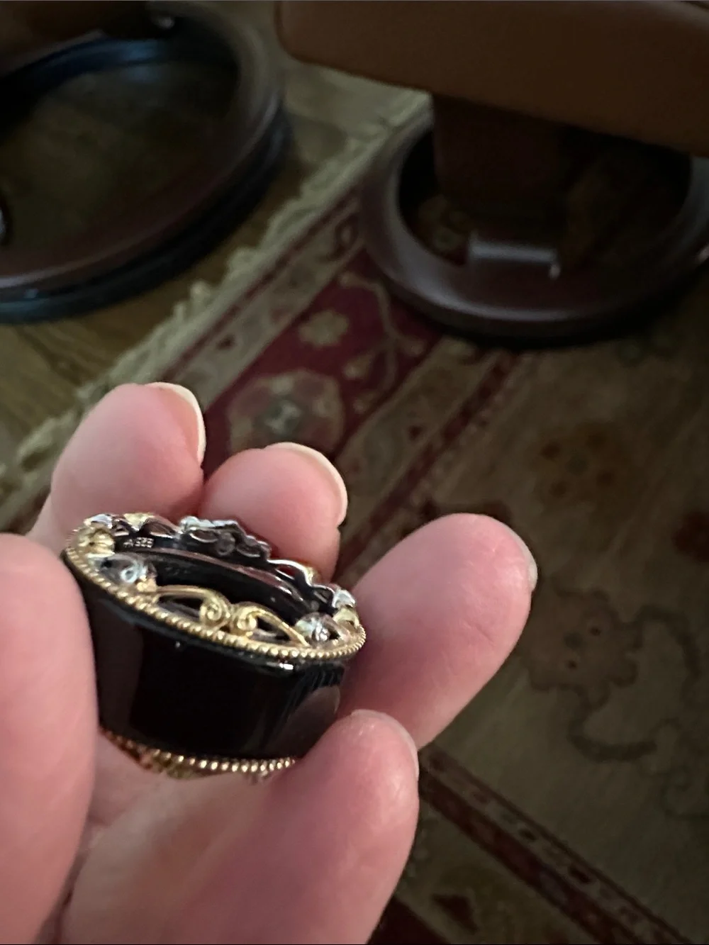 Black Onyx Band Ring with Gold-Tone Rope and Silver Cross Accents